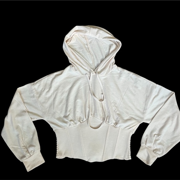 Meraki Cream Corset Hoodie Cropped Long sleeve Lace Up back Top size S - Picture 1 of 11